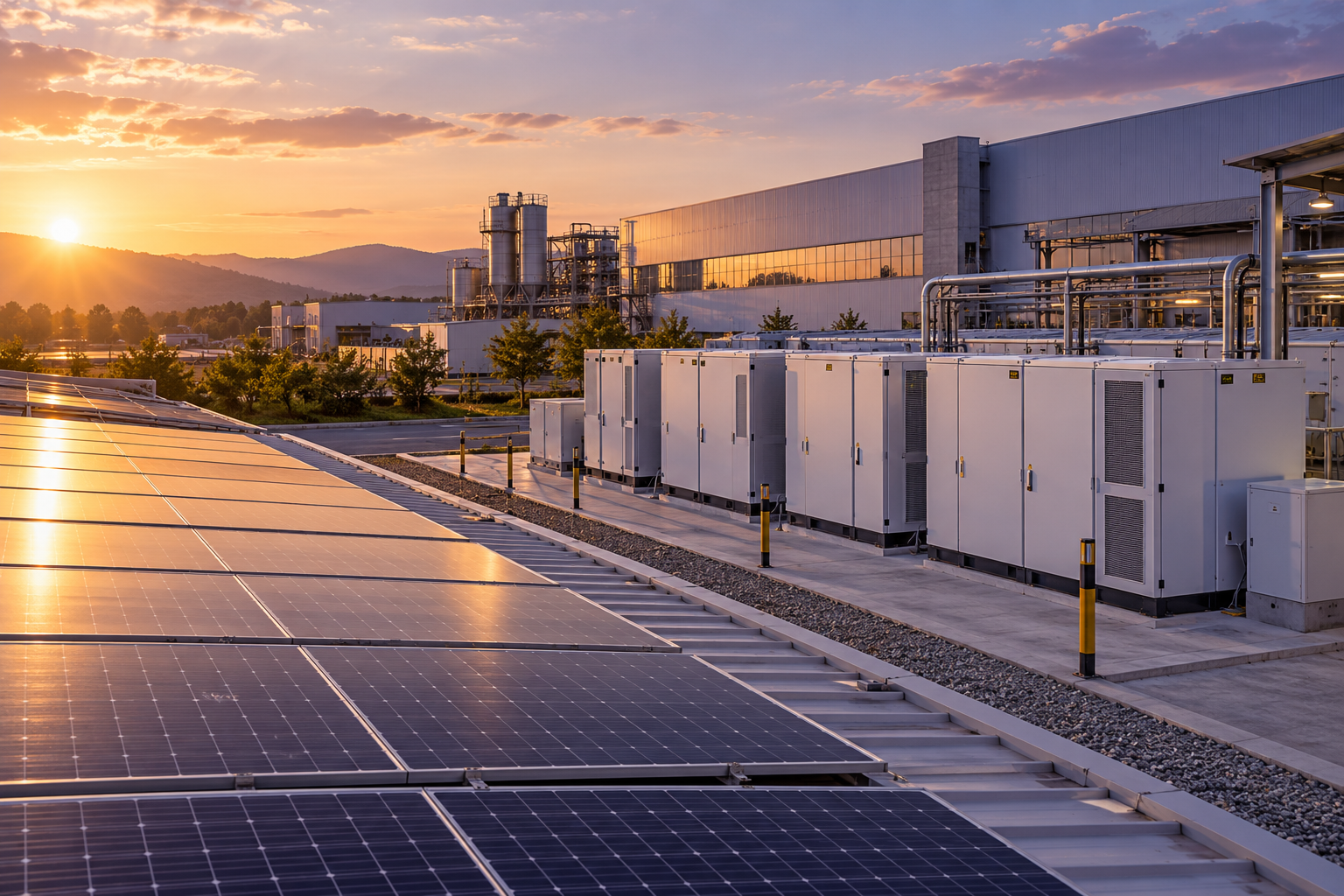 Cena ilustrativa de geração solar e armazenamento em ambiente industrial